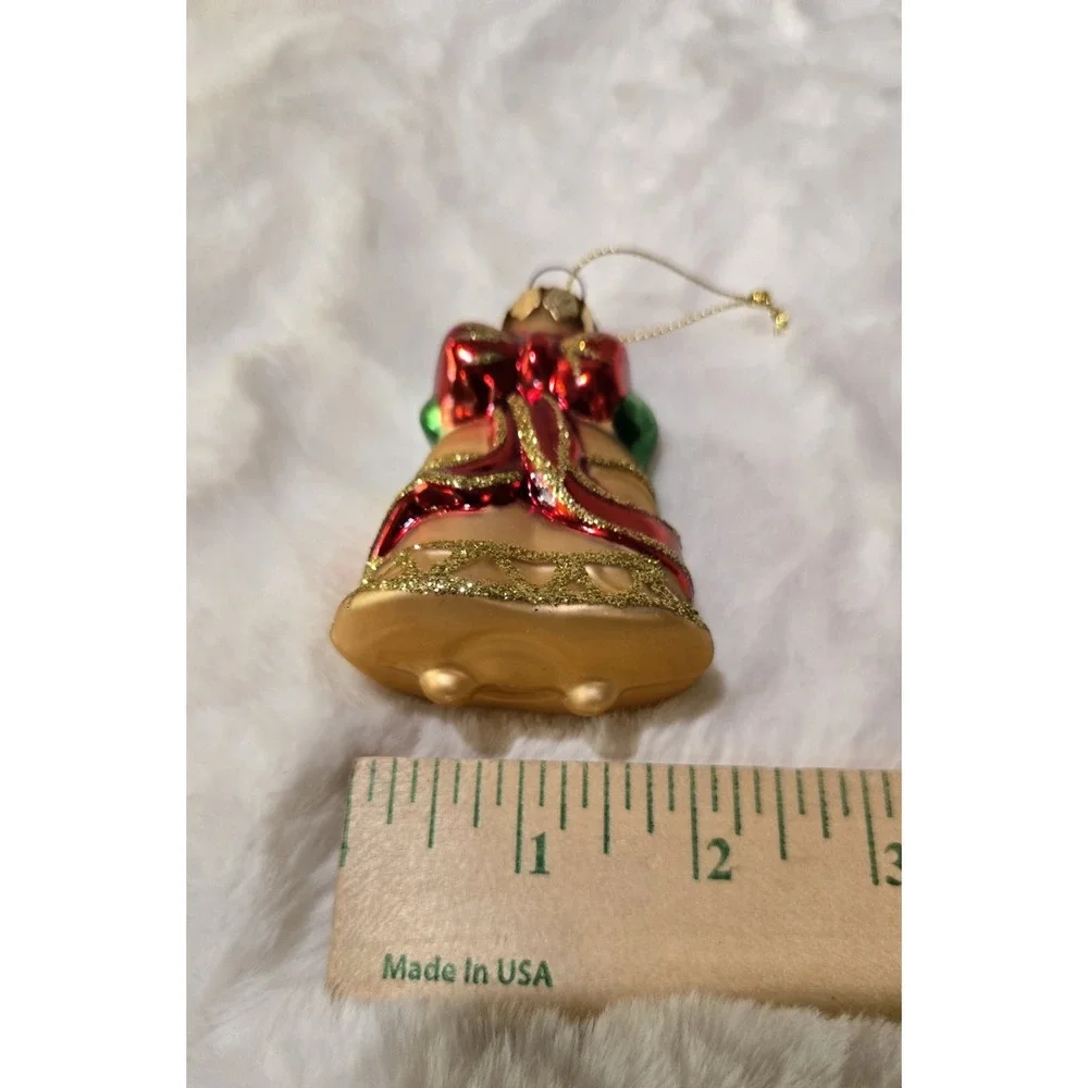Vtg Pacconi Blown Glass Christmas Bell Ornament Red Bow Poinsettia Gold Glitter
